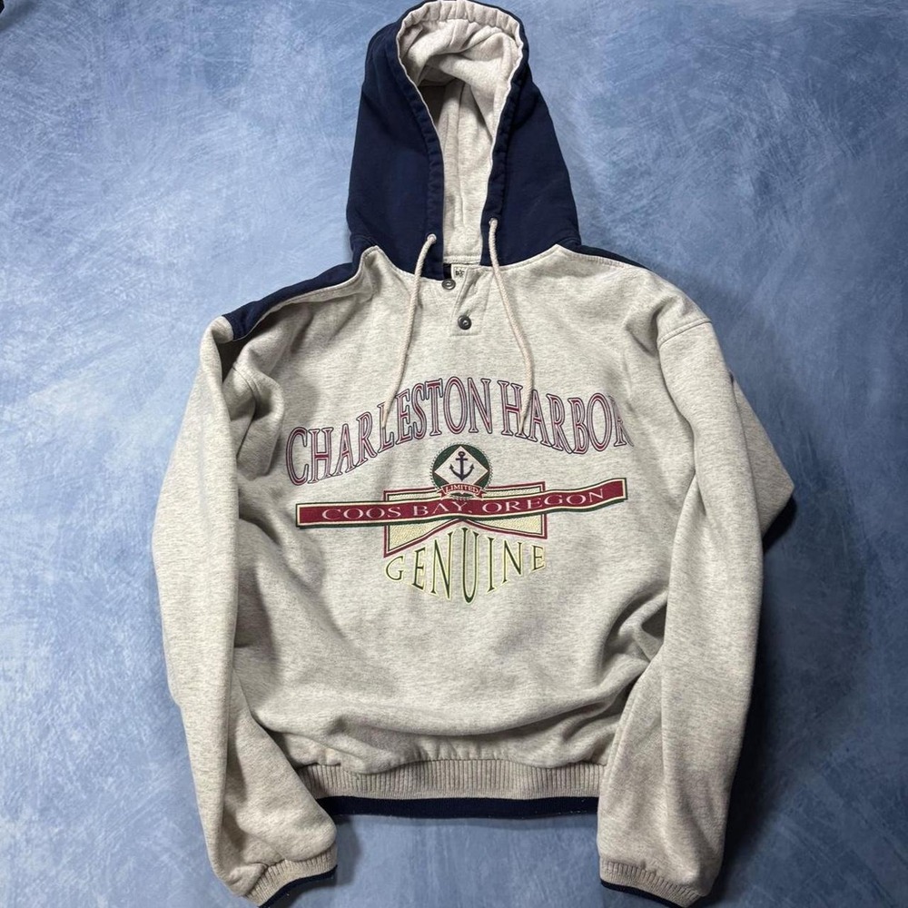 Diport Vintage 2000s Charleston Harbor grey and blue hoodie sweater with red
